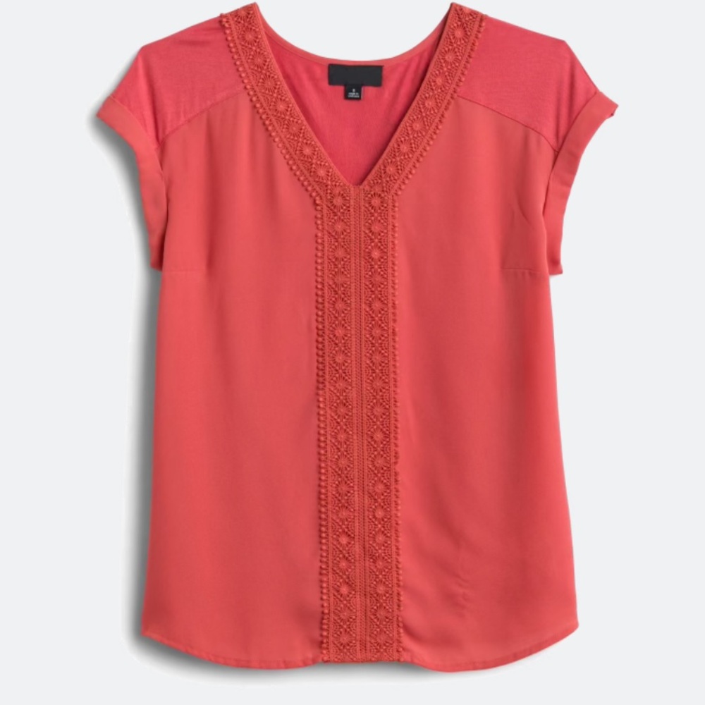 Fortune + Ivy Zora Crochet Trim Mixed Material Coral V-Neck Blouse